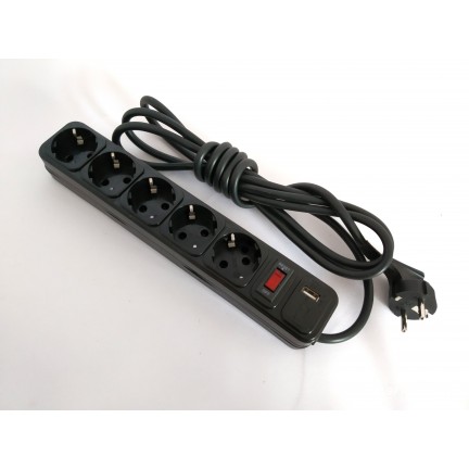 Фільтр комп'ютерний КРЕТ чорний 3 м, 5 розеток USB