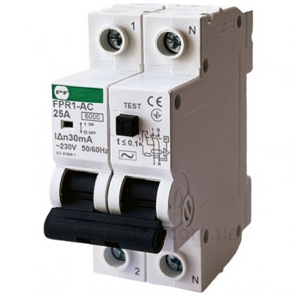 Реле захисного відключення ПРОМФАКТОР FPR1-AC 2Р 25А/0,03A АС 6 kA